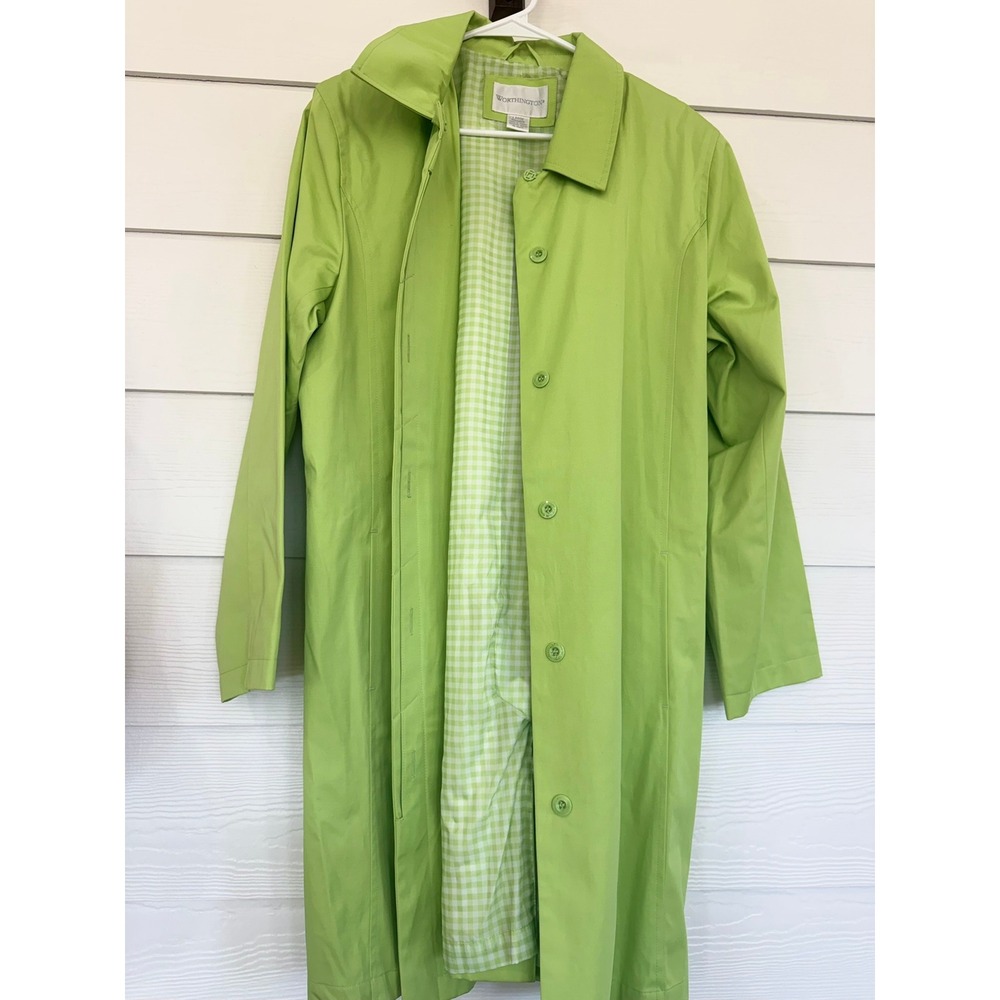 B- 52- Worthington Lime Green Trench Coat Gingham Lined Button Up Jacket Large